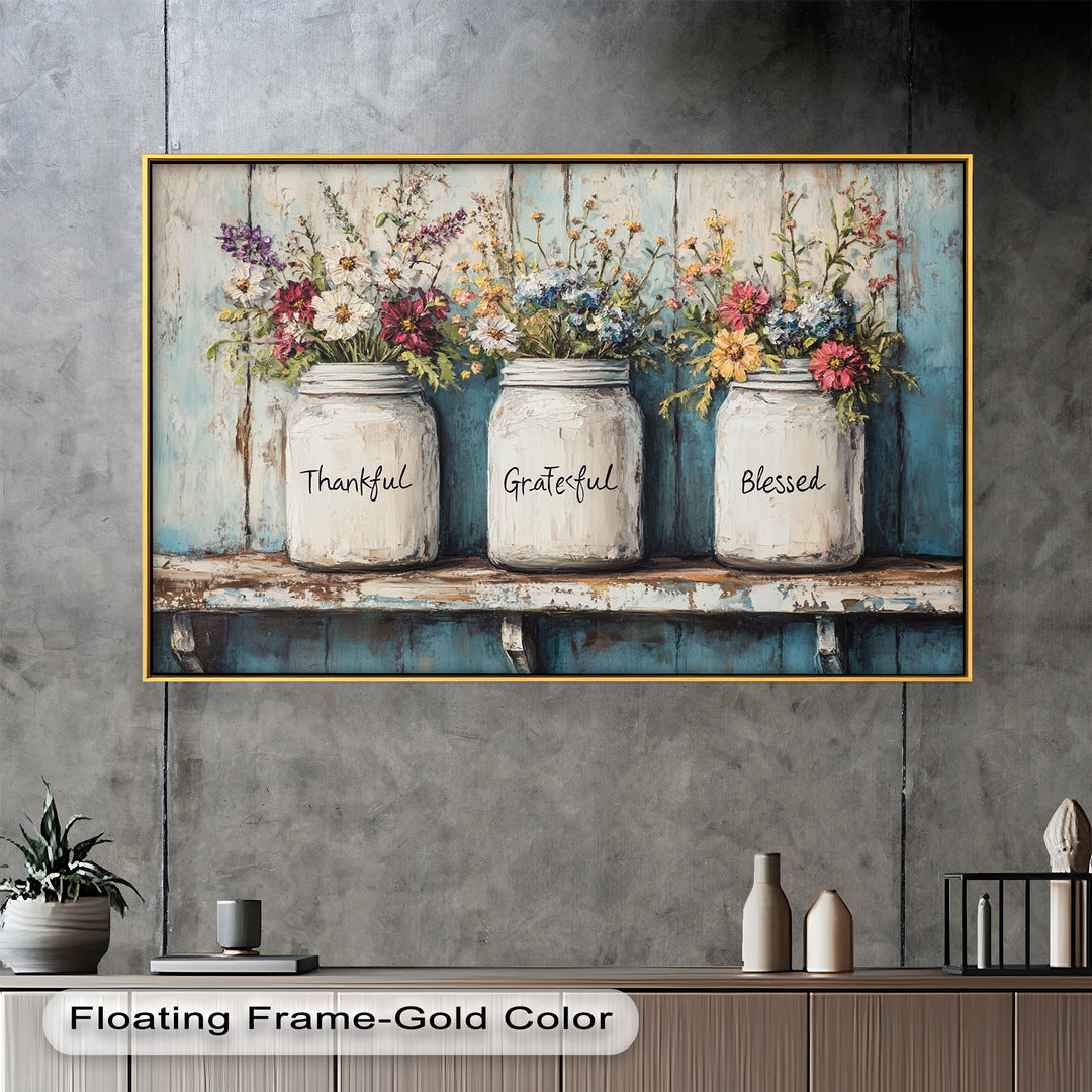 Thankful Grateful Blessed – Floral Jar Oil Painting