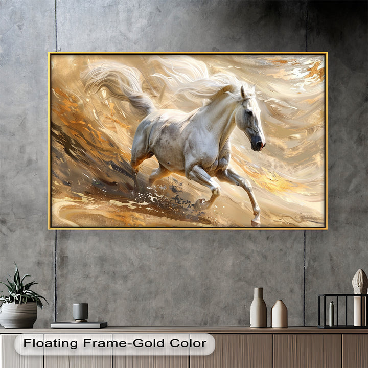 A dynamic and powerful painting featuring a majestic white horse galloping through a swirling golden landscape, with flowing brushstrokes enhancing the sense of motion.