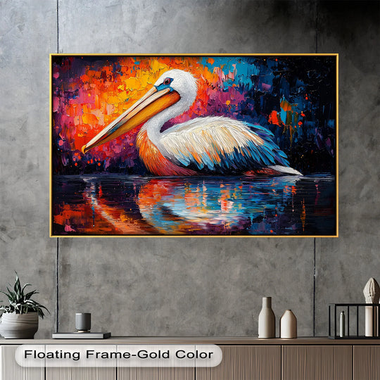 Dominant hues of vibrant orange and blue accentuate the sunset pelican in this animal oil painting art prints, creating a visually captivating piece.