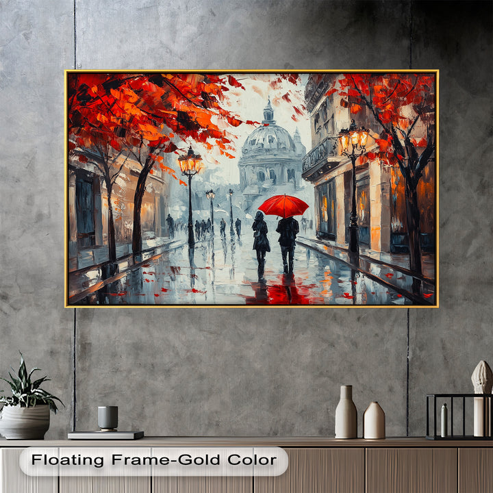 Lovers Walking with Red Umbrella - Love Oil Painting