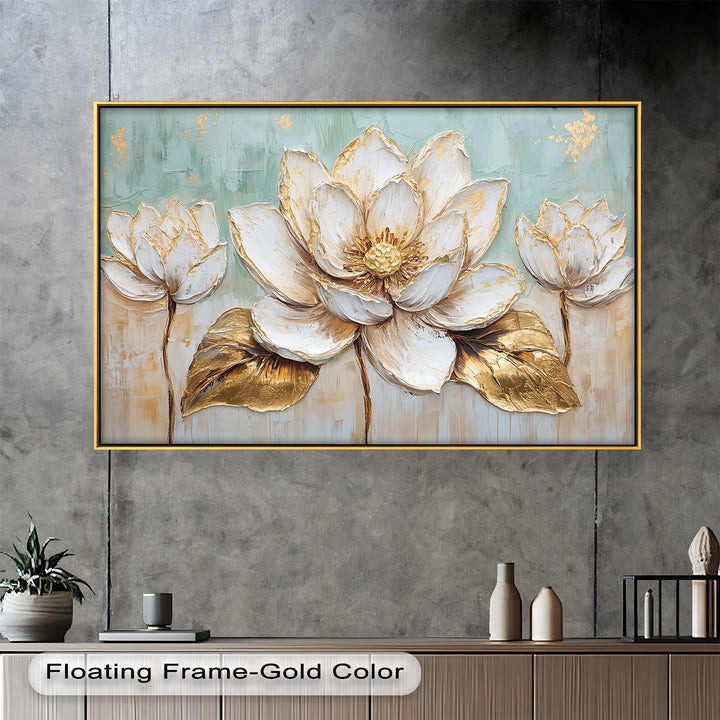 Golden Bloom Lotus – Floral Oil Painting