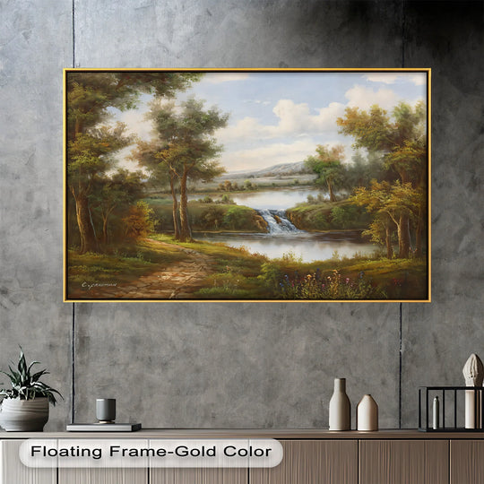 Tranquil Forest Cascade – Vintage Oil Painting - MyPhotoStation
