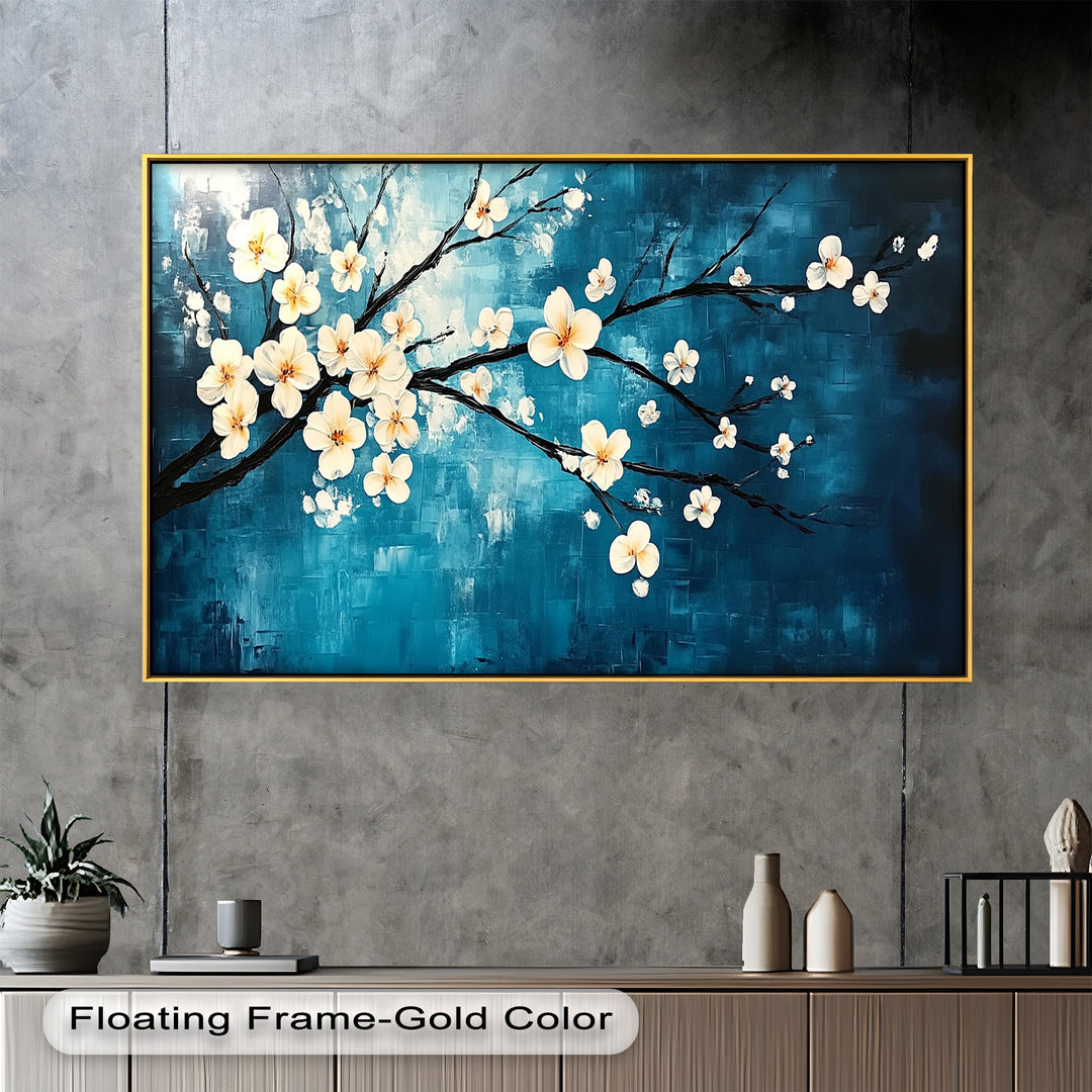 White Blossoms on Blue Wall Art – Floral Oil Painting