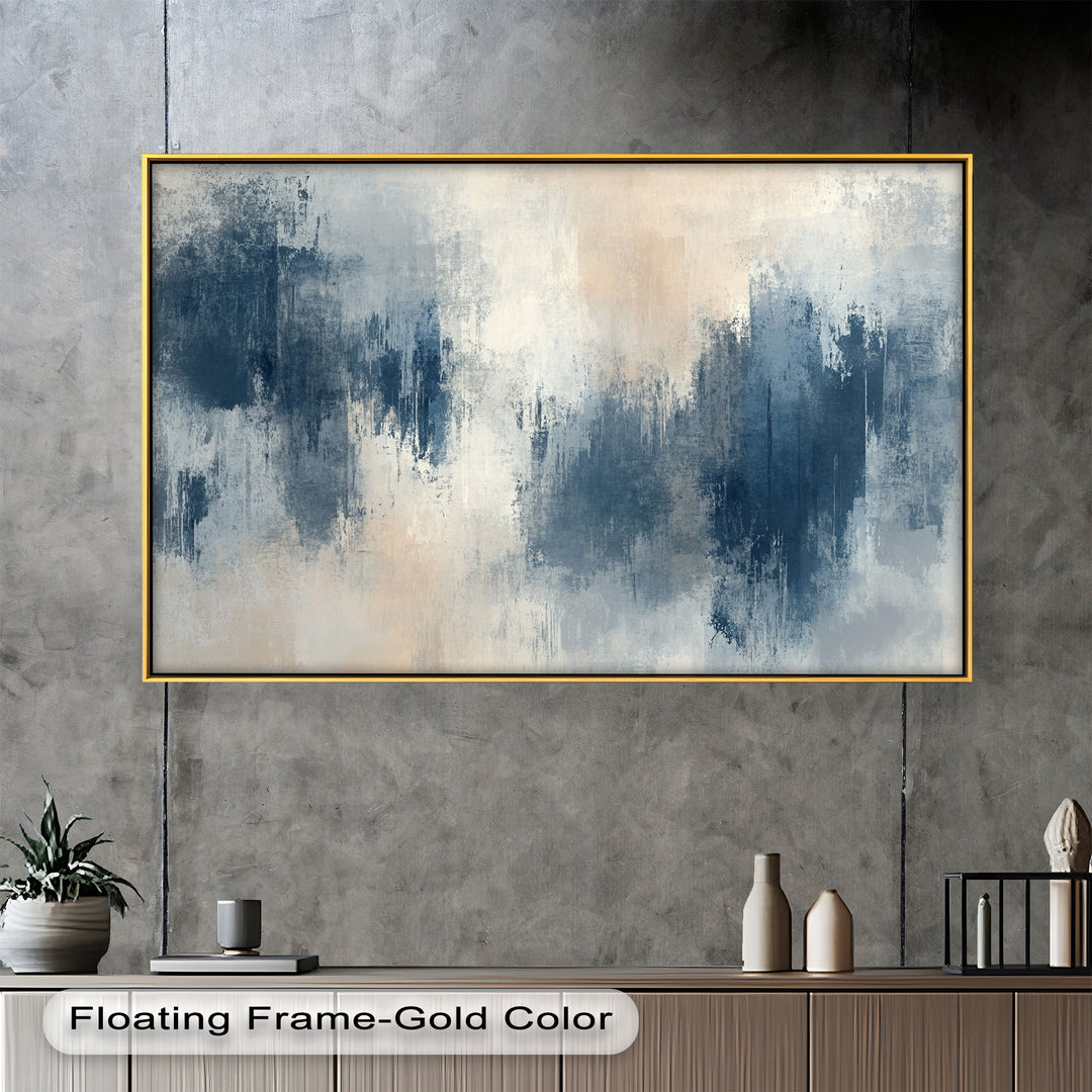 Echoes in Mist – Stimmungsvolles abstraktes Ölgemälde in Blau und Beige
