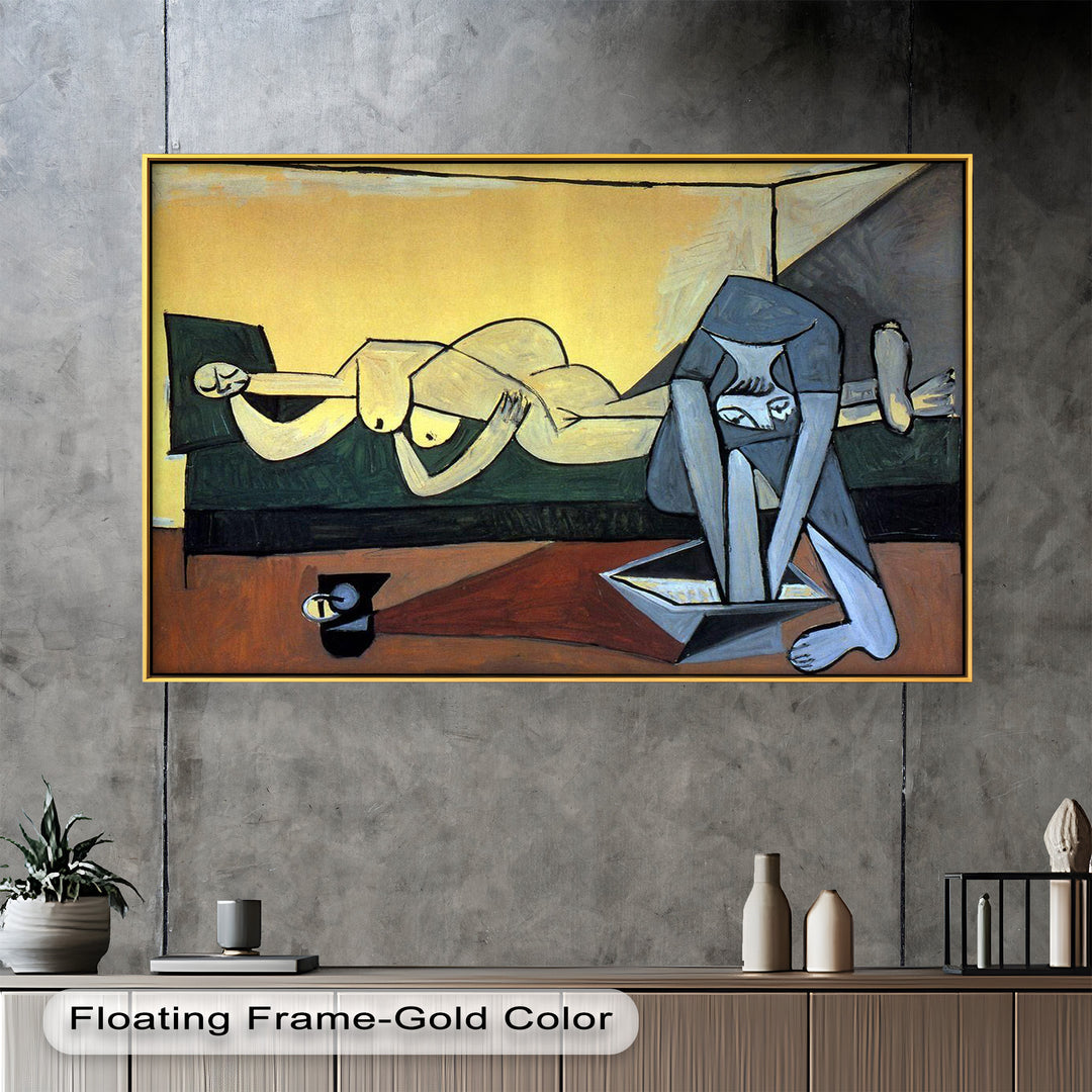 Cubist-style painting of two women in a room; one reclining nude on a green couch, the other seated on the floor reading a book with angular features.