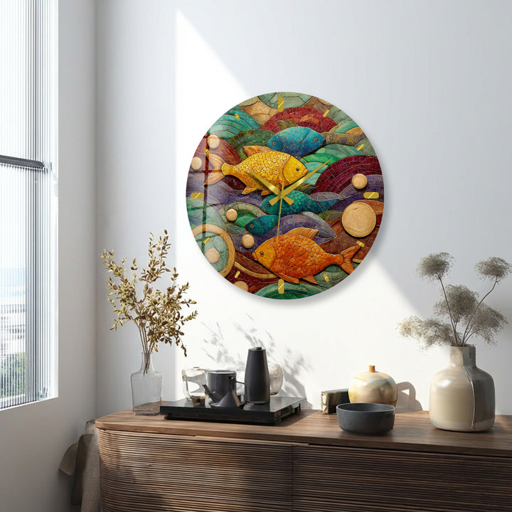 Colorful Fish Glass Wall Clock – Coastal Mosaic Art Decor