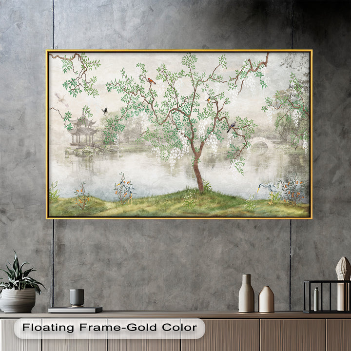 A serene framed wall art featuring a traditional Asian landscape with a blossoming tree, birds, and a misty lake with a pagoda in the background
