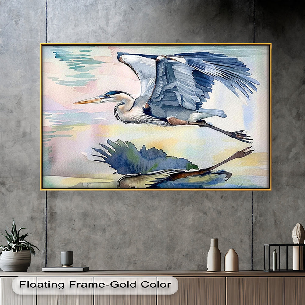 Elegant depiction of a flying heron with detailed blue-gray feathers and a calm pastel sky reflected on the surface below.