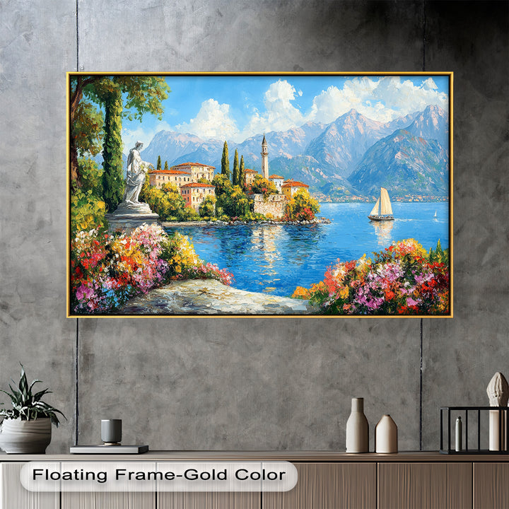 Colorful Italian Lake Town Wall Art – Landscape Oil Painting