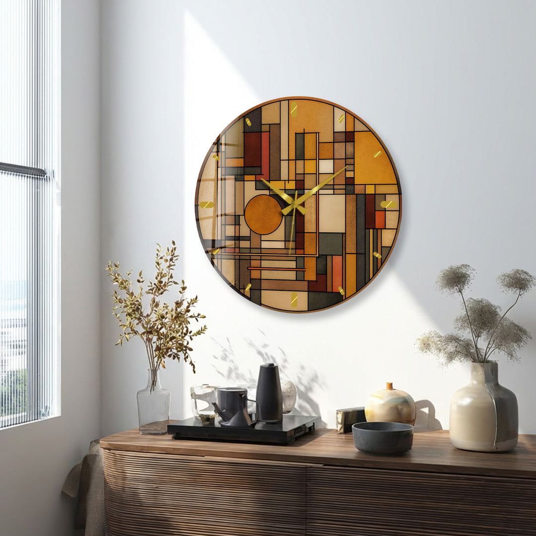 Art Deco Geometric Glass Wall Clock – Warm Retro Abstract Art