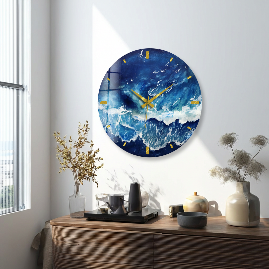 Abstract Blue Ocean Glass Wall Clock – Coastal Wave Art