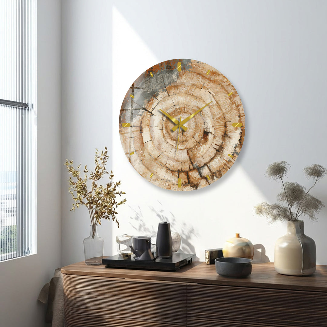 Tree Ring Glass Wall Clock – Rustic Wood Grain Decor