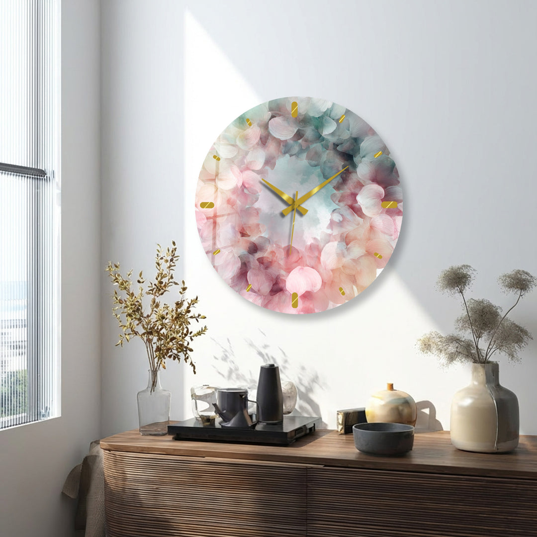 Pastel Hydrangea Glass Wall Clock – Pink Floral Wreath Decor