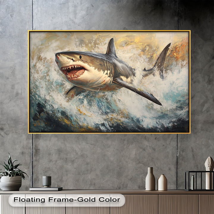 Ferocious Great White Shark Leaping Through Waves - Animal Oil Painting