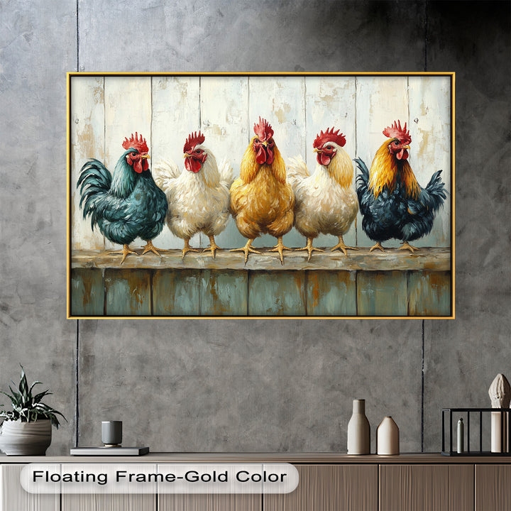 Colorful Roosters on a Wooden Fence – Animal Oil Painting