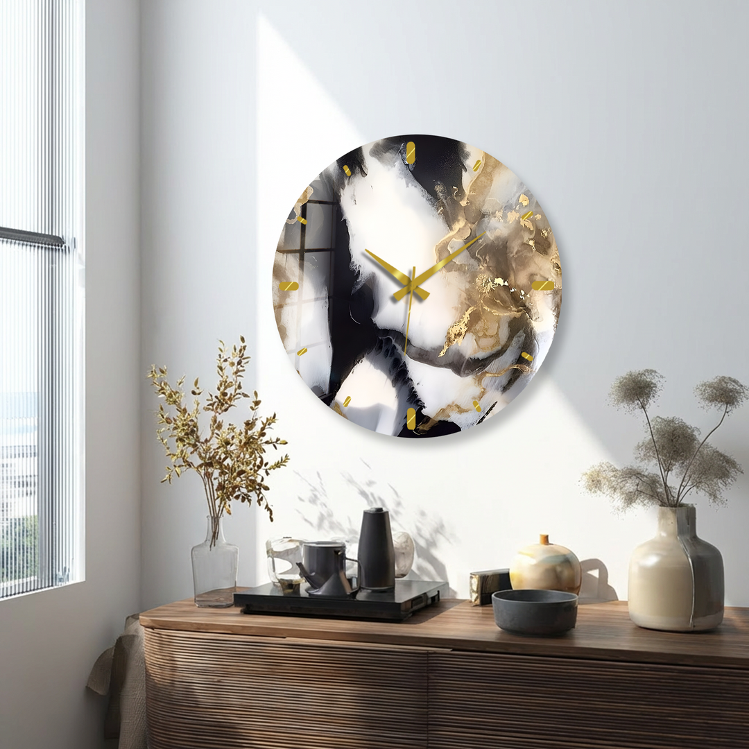 Black and Gold Marble Glass Wall Clock – Abstract Luxury Decor