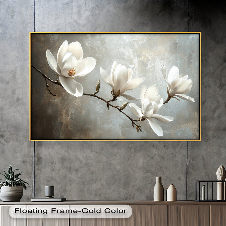 Magnolia Serenity – Cream Blossom Branch Flower Oil Painting