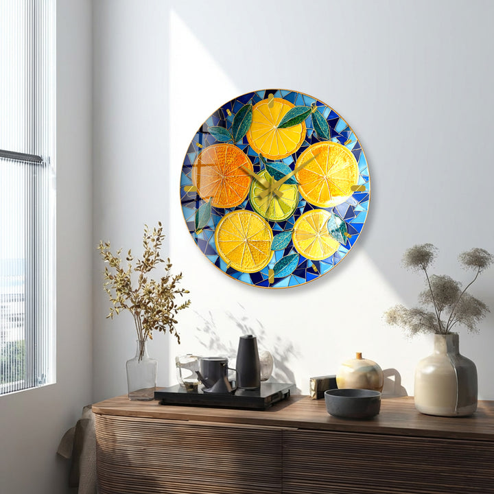 Lemon and Orange Glass Wall Clock – Mediterranean Kitchen Decor