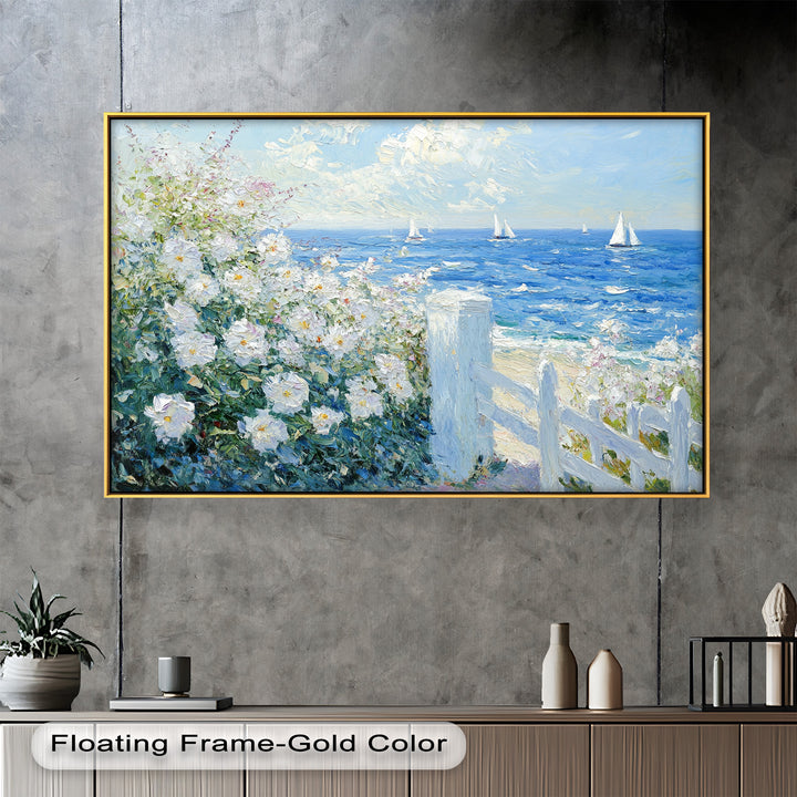 White Rose Garden with Sailboats – Impressionist Oil Painting