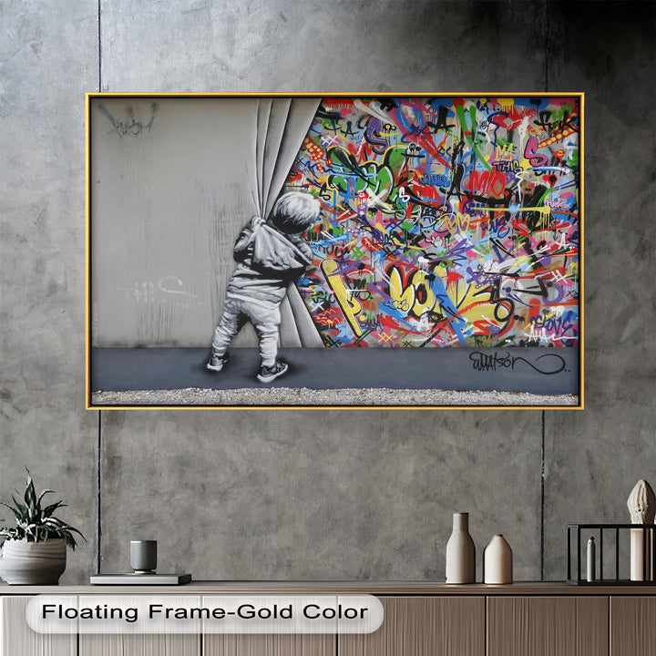 Beyond the Curtain – Banksy-Inspired Graffiti Oil Painting
