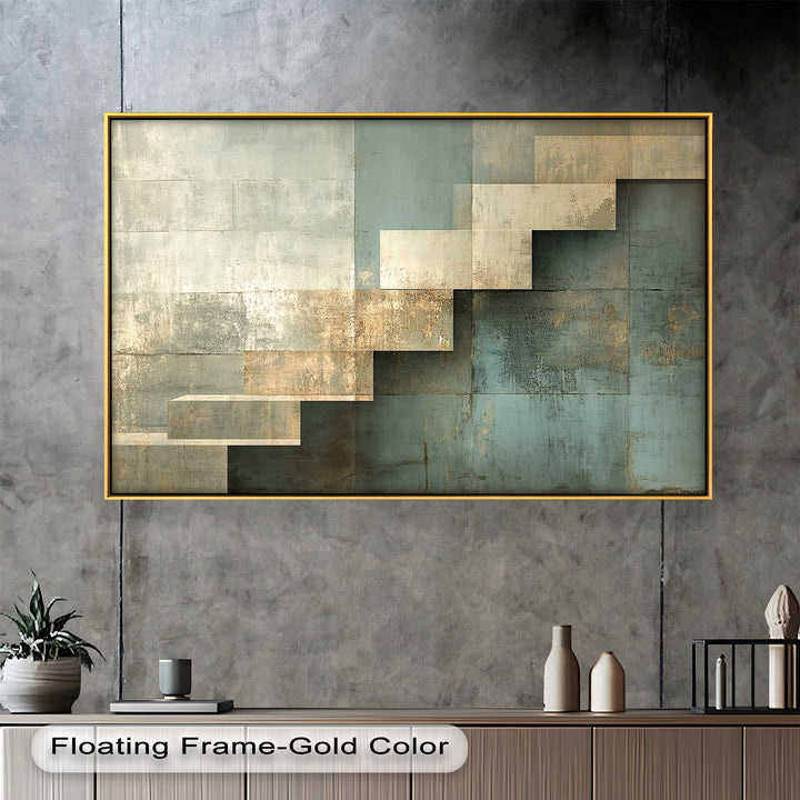 Geometrische Schritte Abstrakt – Blau &amp; Beige Modernes Ölgemälde