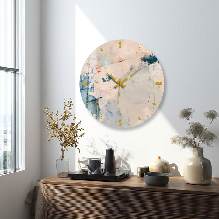 Neutral Abstract Glass Wall Clock – Beige and Blue Modern Decor