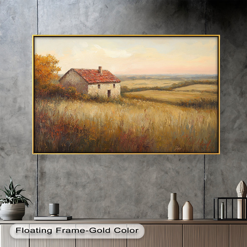 This charming painting features a rustic stone cottage with a red-tiled roof nestled among golden fields that stretch into the hazy horizon.