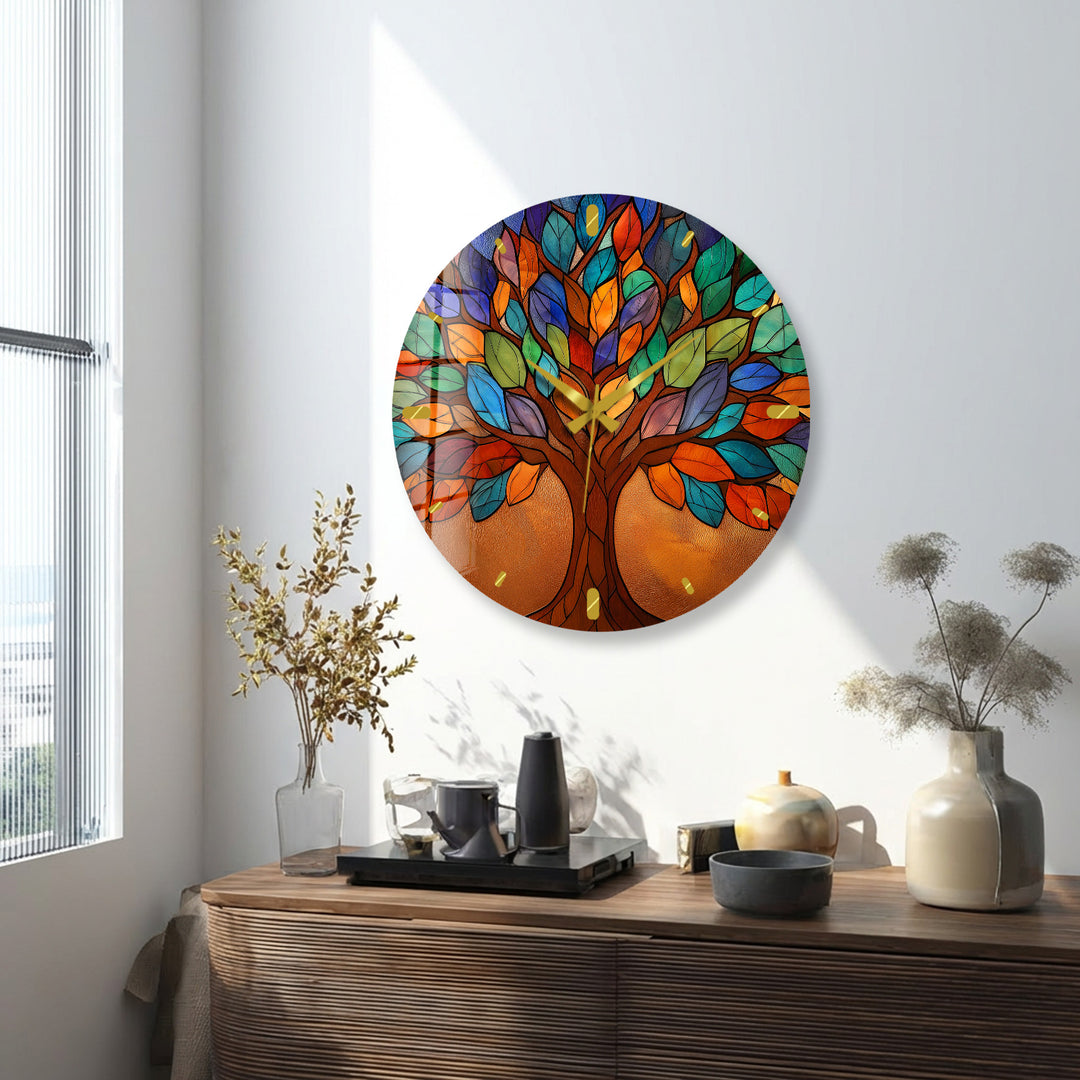 Bunte Glas-Wanduhr „Baum des Lebens“ – Buntglas-Stil