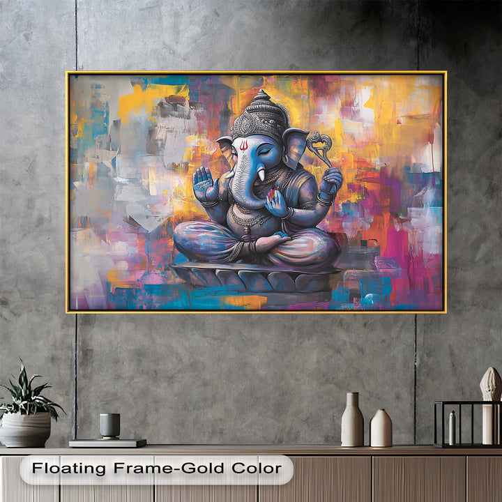 A striking fusion of tradition and modernity, featuring Ganesha with divine symbols in hand and a bold, colorful abstract backdrop.