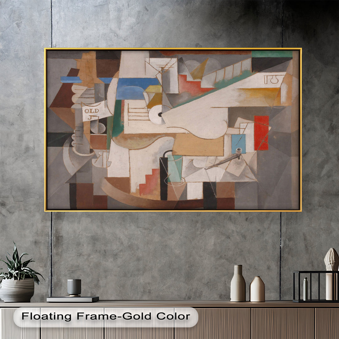 A complex cubist composition filled with geometric shapes, muted tones, and fragmented forms suggesting musical and architectural elements.