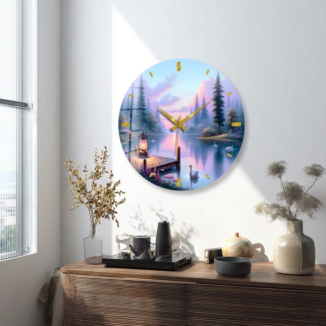 Swan Lake Glass Wall Clock – Pastel Forest Landscape