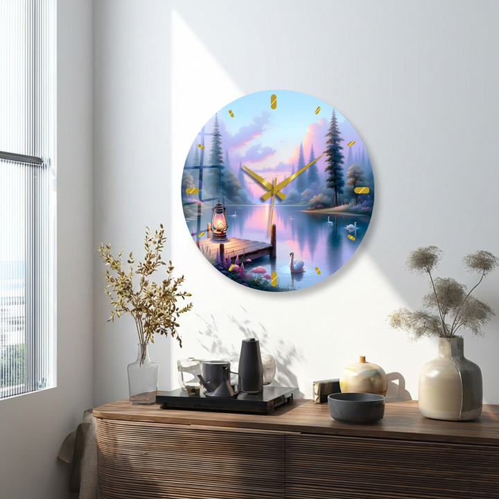Swan Lake Glass Wall Clock – Pastel Forest Landscape