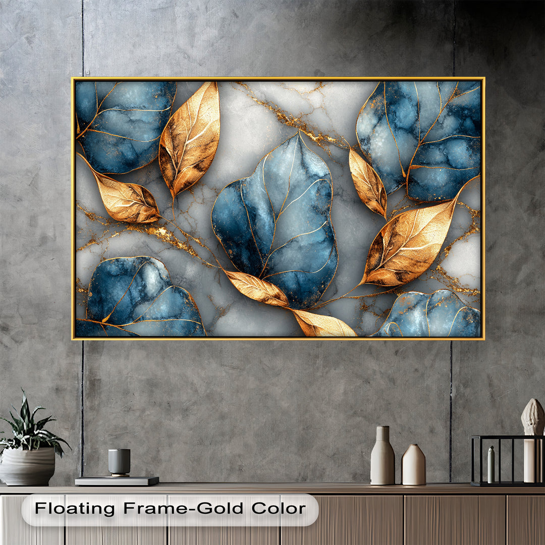 Golden Blue Marble Leaves – Botanical Oil Painting