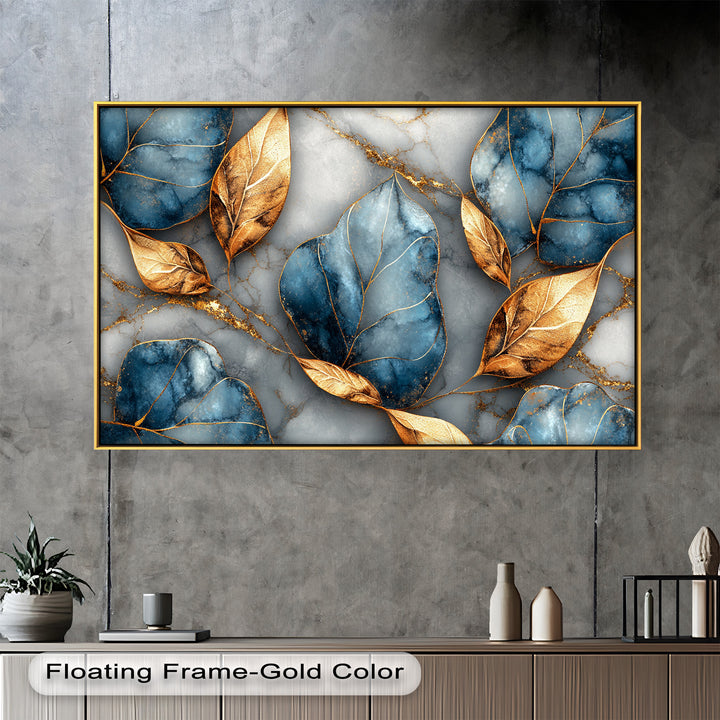 Golden Blue Marble Leaves – Botanical Oil Painting