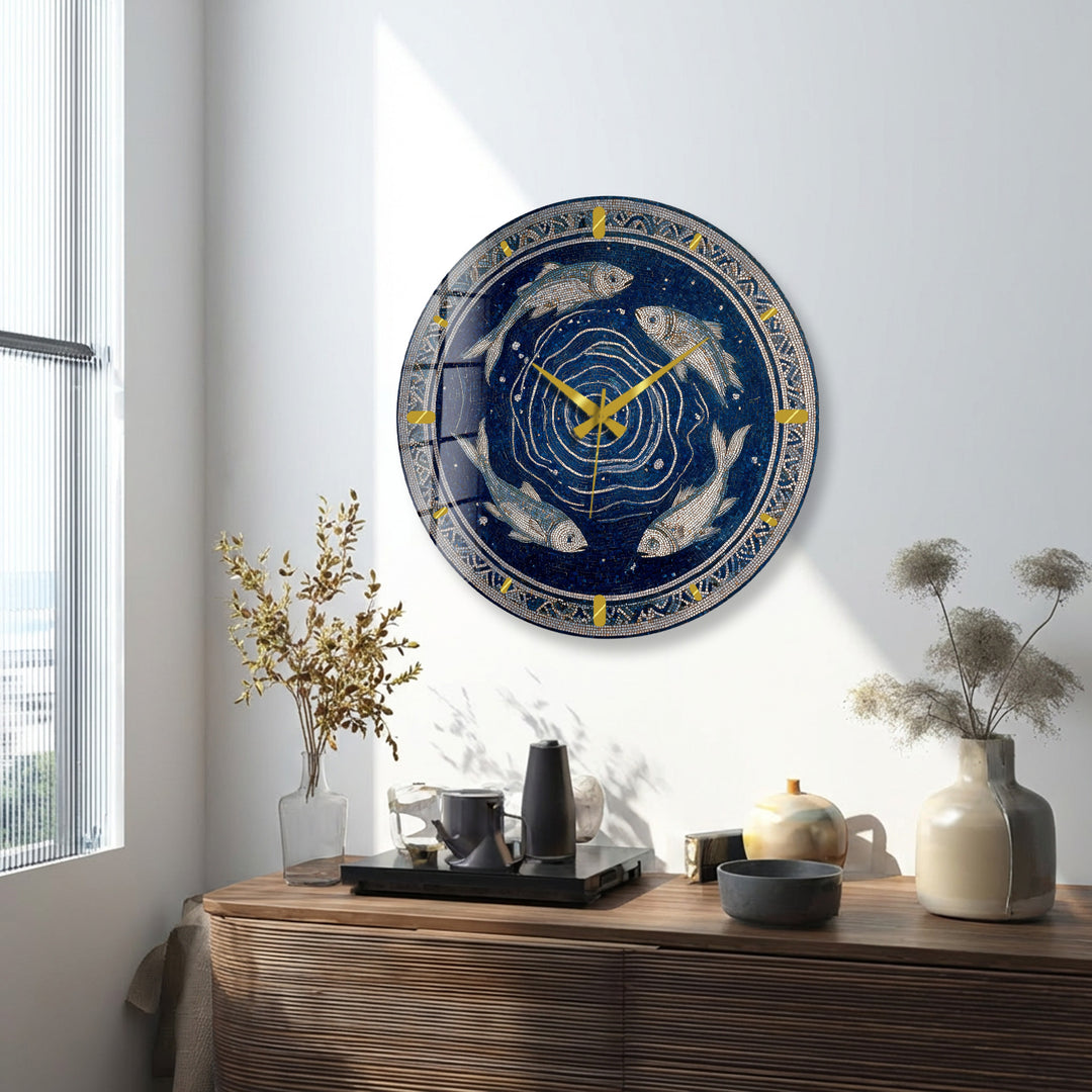 Blue Fish Mosaic Glass Wall Clock – Mediterranean Coastal Decor