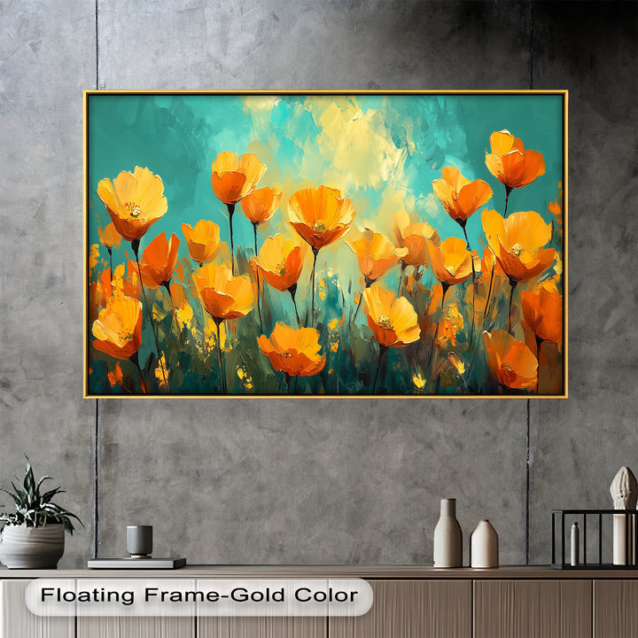 An expressive and colorful depiction of a wildflower meadow filled with vivid orange blossoms and soft glowing light.