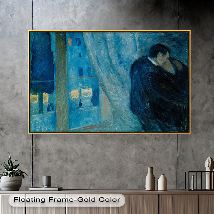 Melancholic love scene set indoors, contrasted by the cool blue tones of a city evening through the window.

