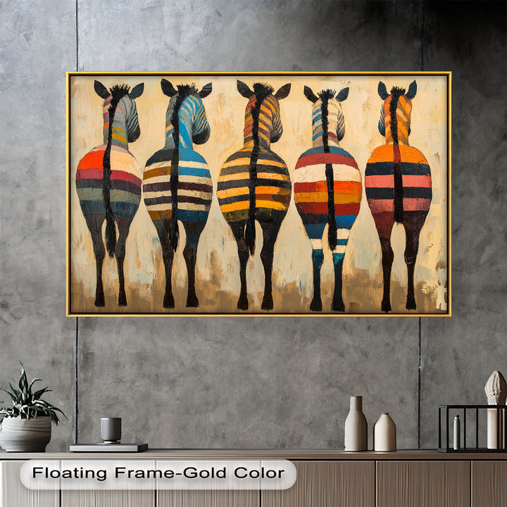 Five Colorful Zebras with Bold Stripes – Animal Oil Painting