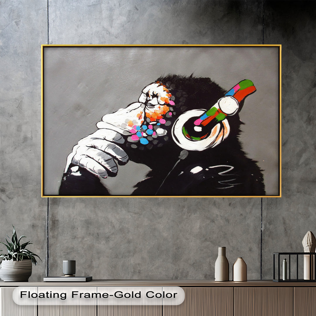 Contemplative Chimp with Headphones - Banksy Oil Painting