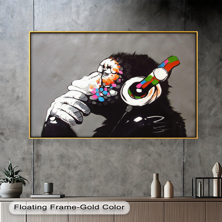 Contemplative Chimp with Headphones - Banksy Oil Painting