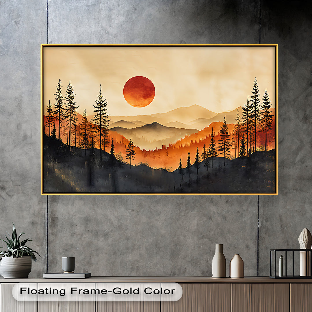 Red Sunset Landscape - Forest Oil Painting
