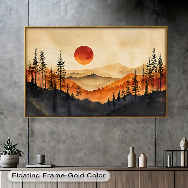 Red Sunset Landscape - Forest Oil Painting