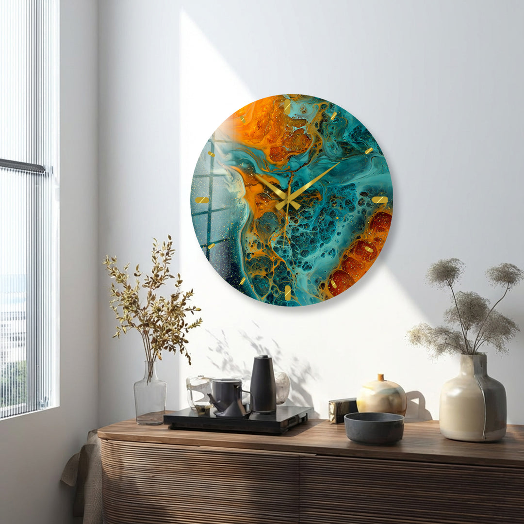 Fluid Art Glass Wall Clock – Teal and Gold Abstract Pour Decor