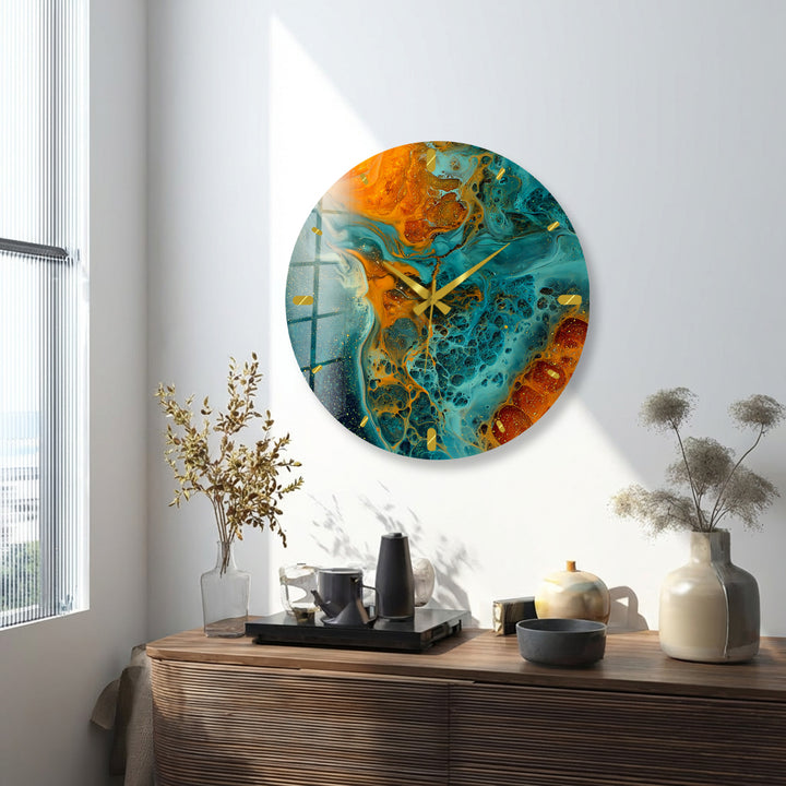 Fluid Art Glass Wall Clock – Teal and Gold Abstract Pour Decor