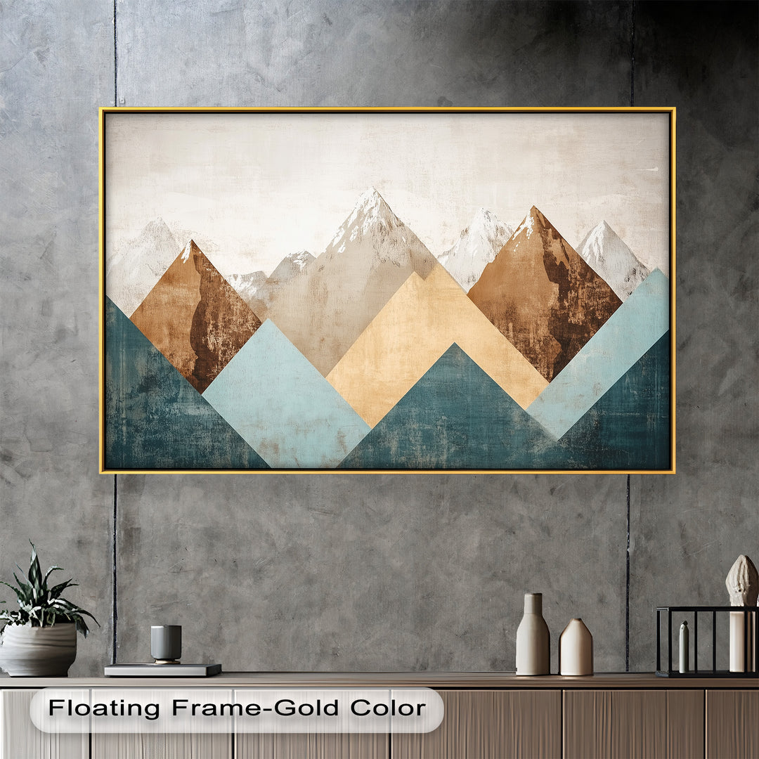 A contemporary wall art piece showcasing layered geometric mountain forms, evoking a harmonious blend of nature and modern design.