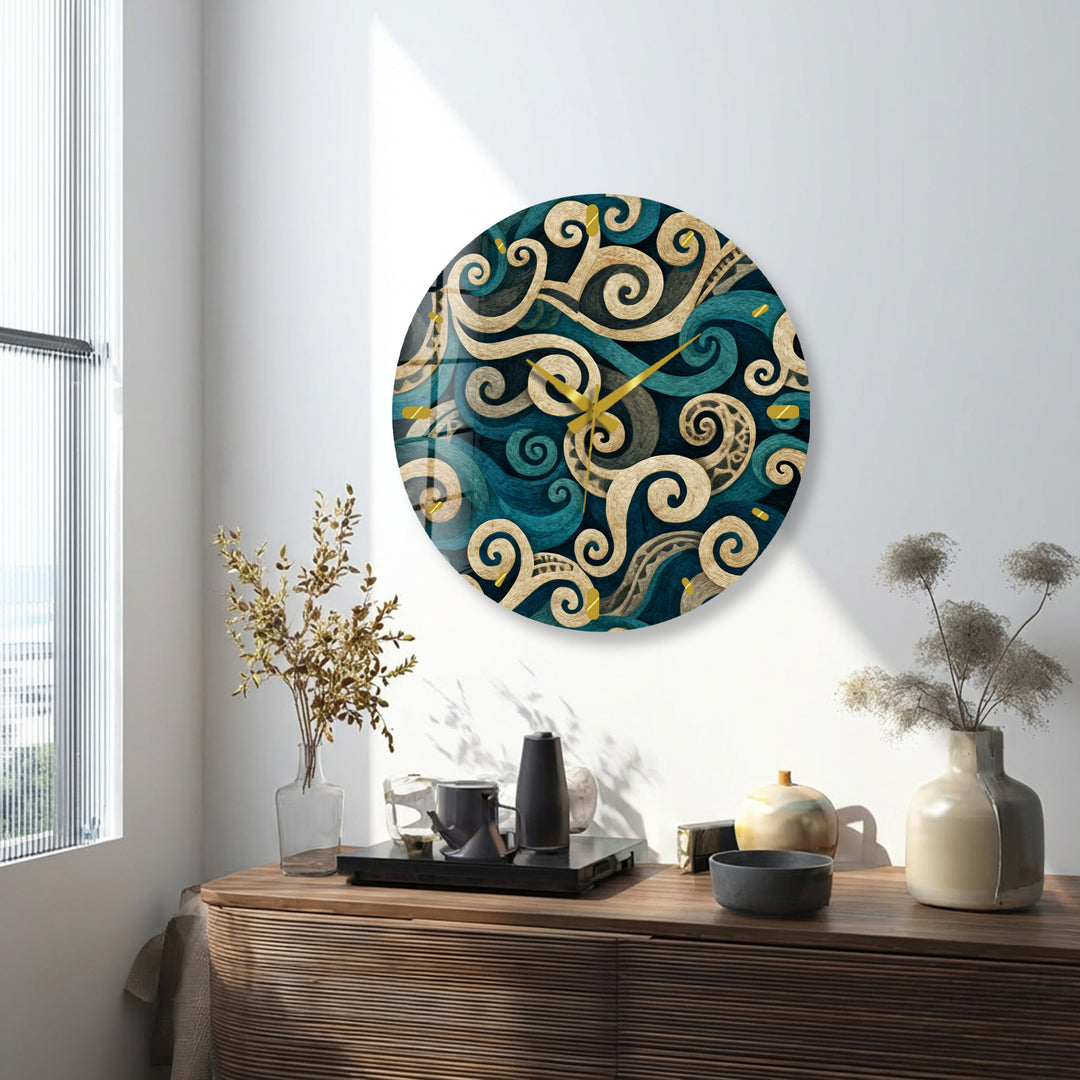 Teal Spiral Glass Wall Clock – Blue and Beige Abstract Swirl Art