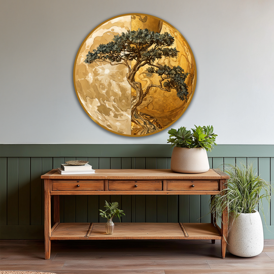 Juxtaposing colors highlight the gold and ivory tones in this round Golden Balance Tree oil painting wall art, creating a striking color contrast.