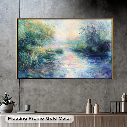 Negative space surrounds this impressionist oil painting wall art, emphasizing the artwork's serene riverbank scene and dusk-toned sky.