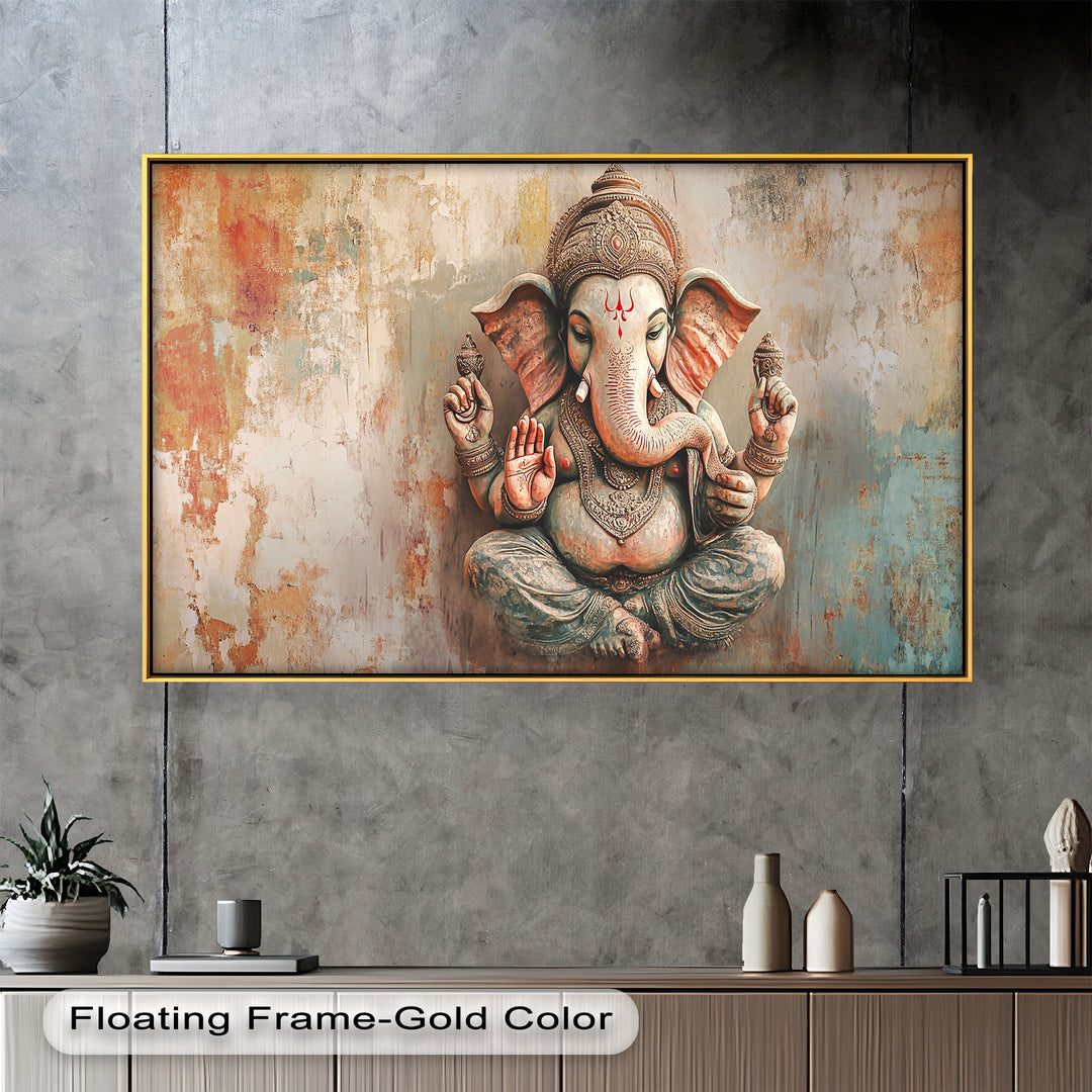 A beautifully textured artwork of Lord Ganesha in a seated posture, rendered in soft earthy tones against a distressed abstract background.
