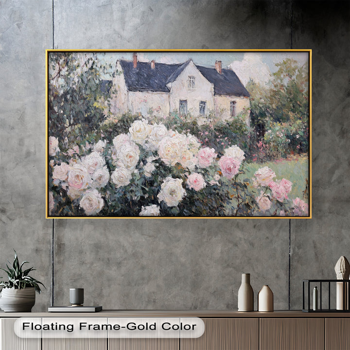 Cottage Garden Roses – Impressionist Floral House Scene Oil Painting